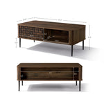 Two views of a mid-century modern TV stand featuring front and side storage compartments. Size and compartment measurements are labeled in inches.
