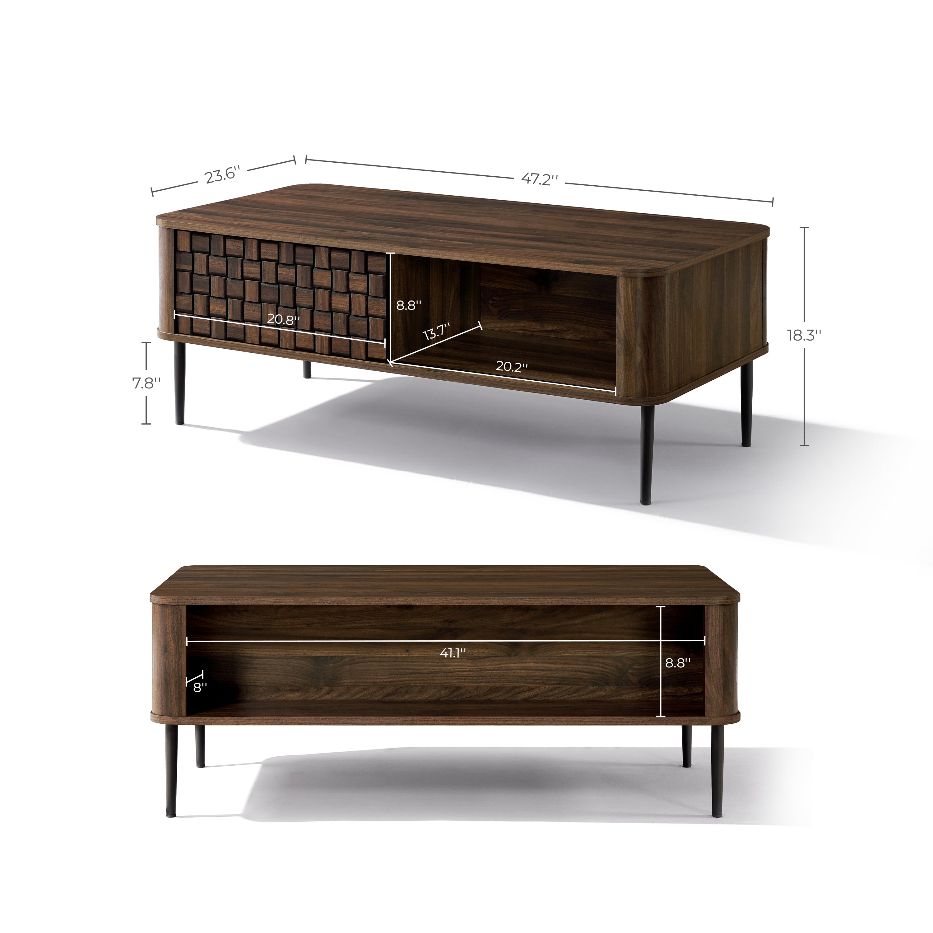 Two views of a mid-century modern TV stand featuring front and side storage compartments. Size and compartment measurements are labeled in inches.