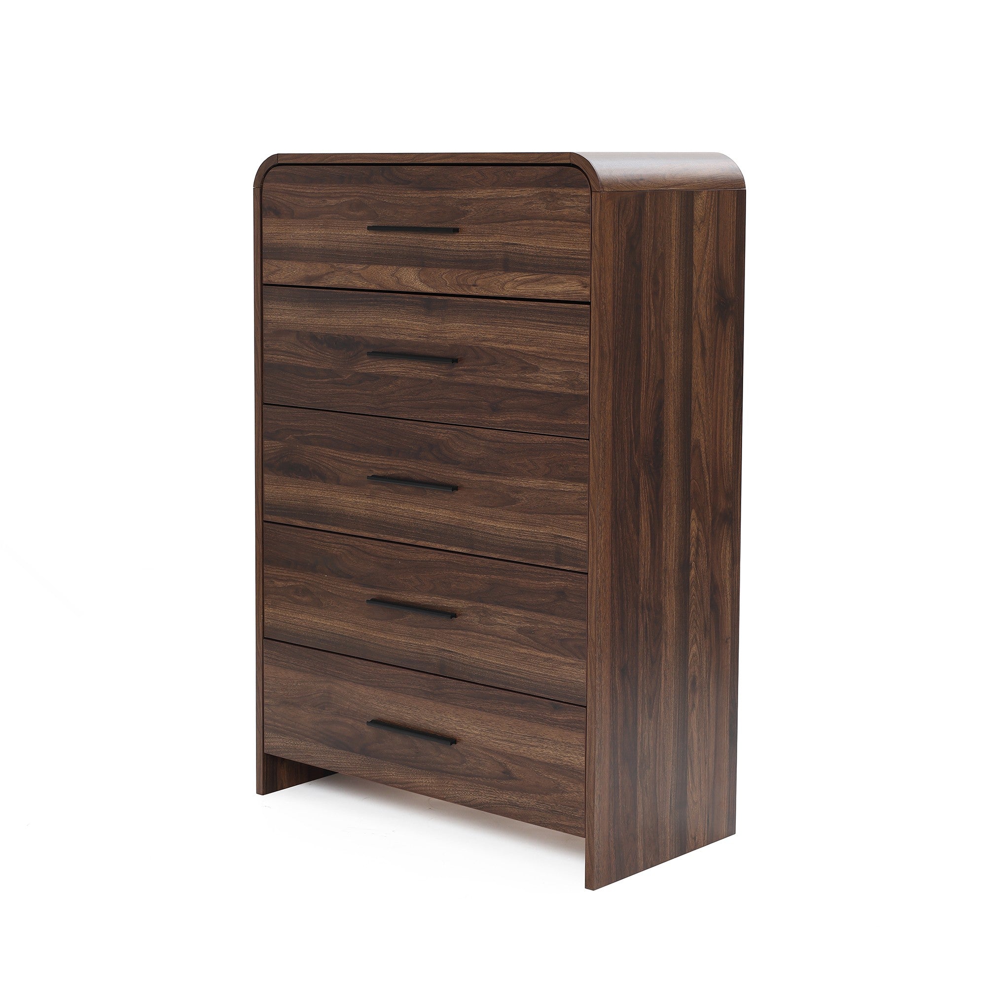 A tall dresser with a dark finish, this wood storage chest features horizontal black handles.