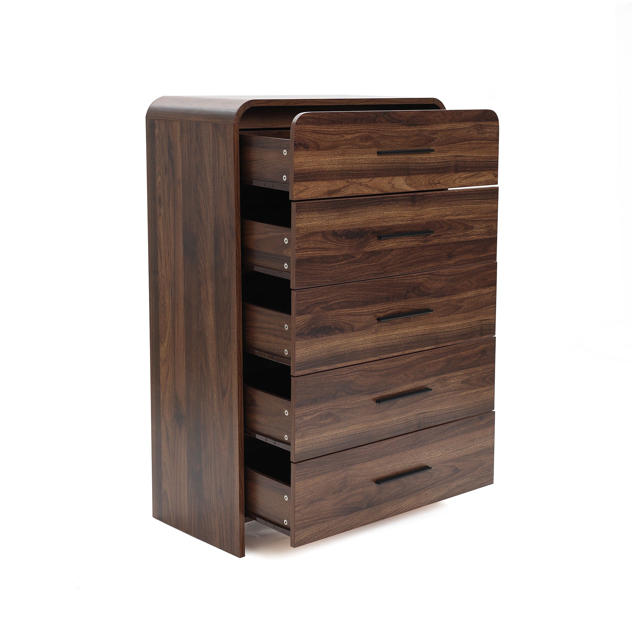 A dark wood 5-drawer wood storage vertical chest, with five drawers partially open.
