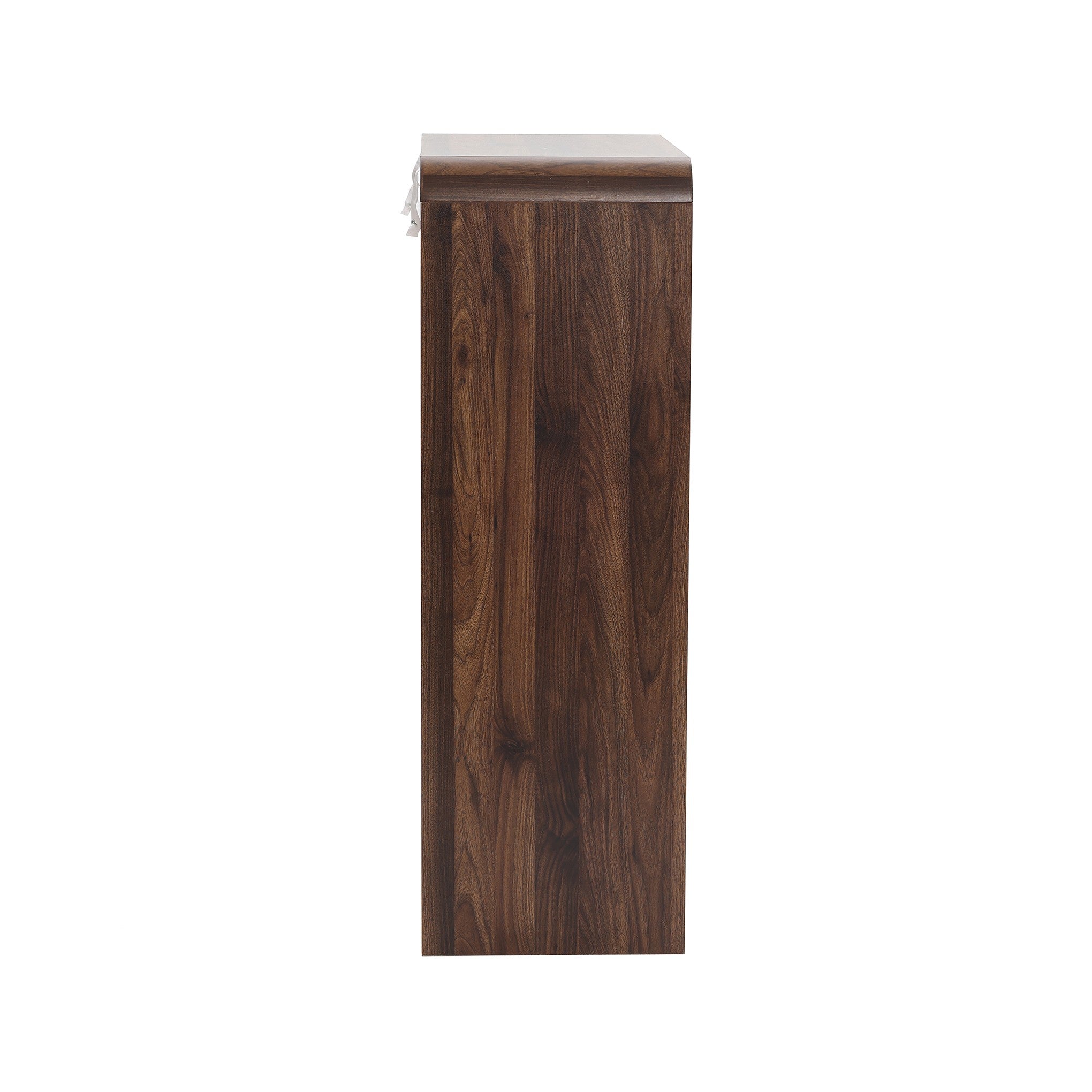 Side view of a rectangular 5-drawer dresser with a brown wood grain finish, photographed against a white background.