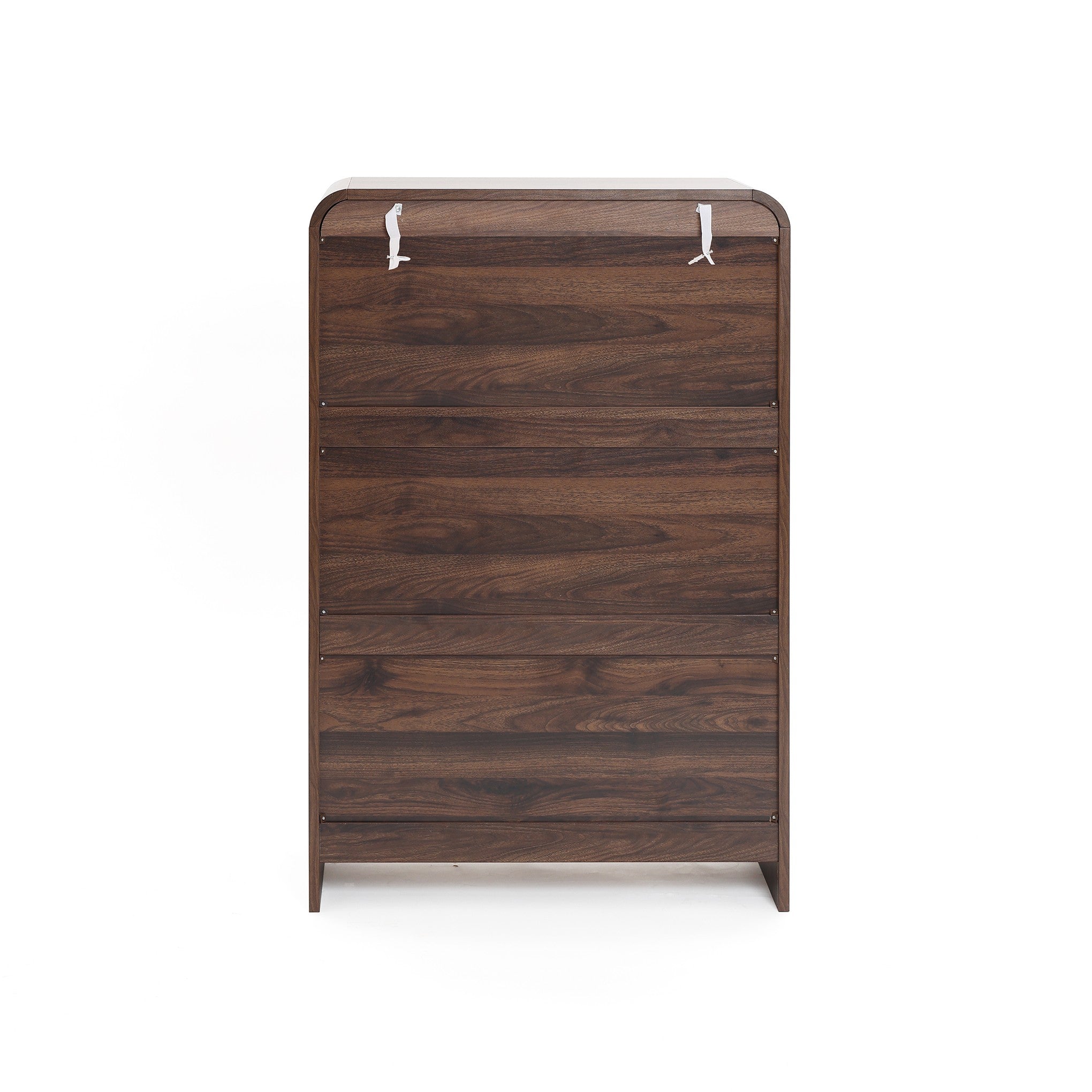 A dark wood storage chest with four spacious drawers stands against a white background. Two white safety straps.