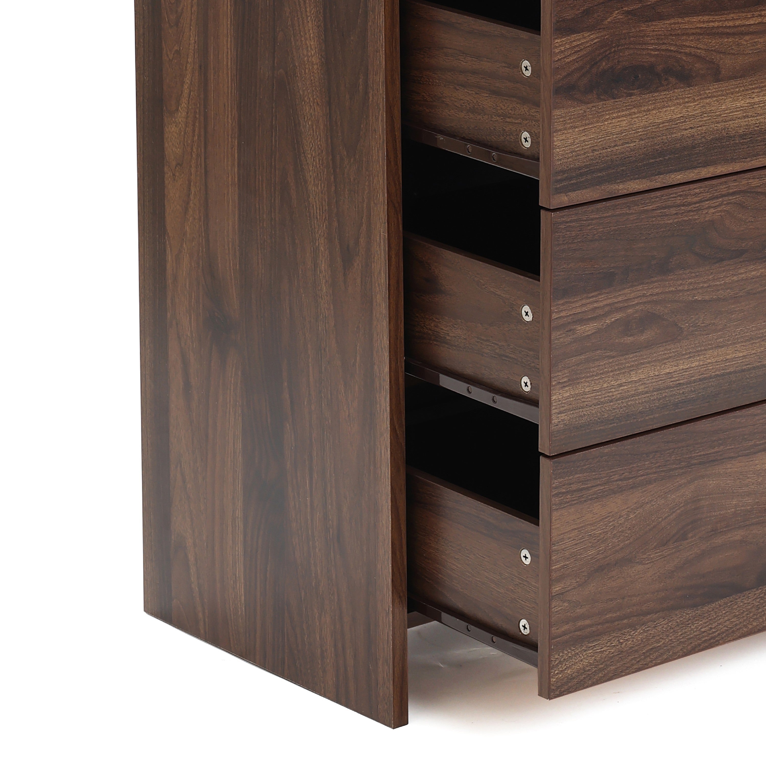 A wood storage chest shows several drawers partially open, revealing the side panels and drawer slides.