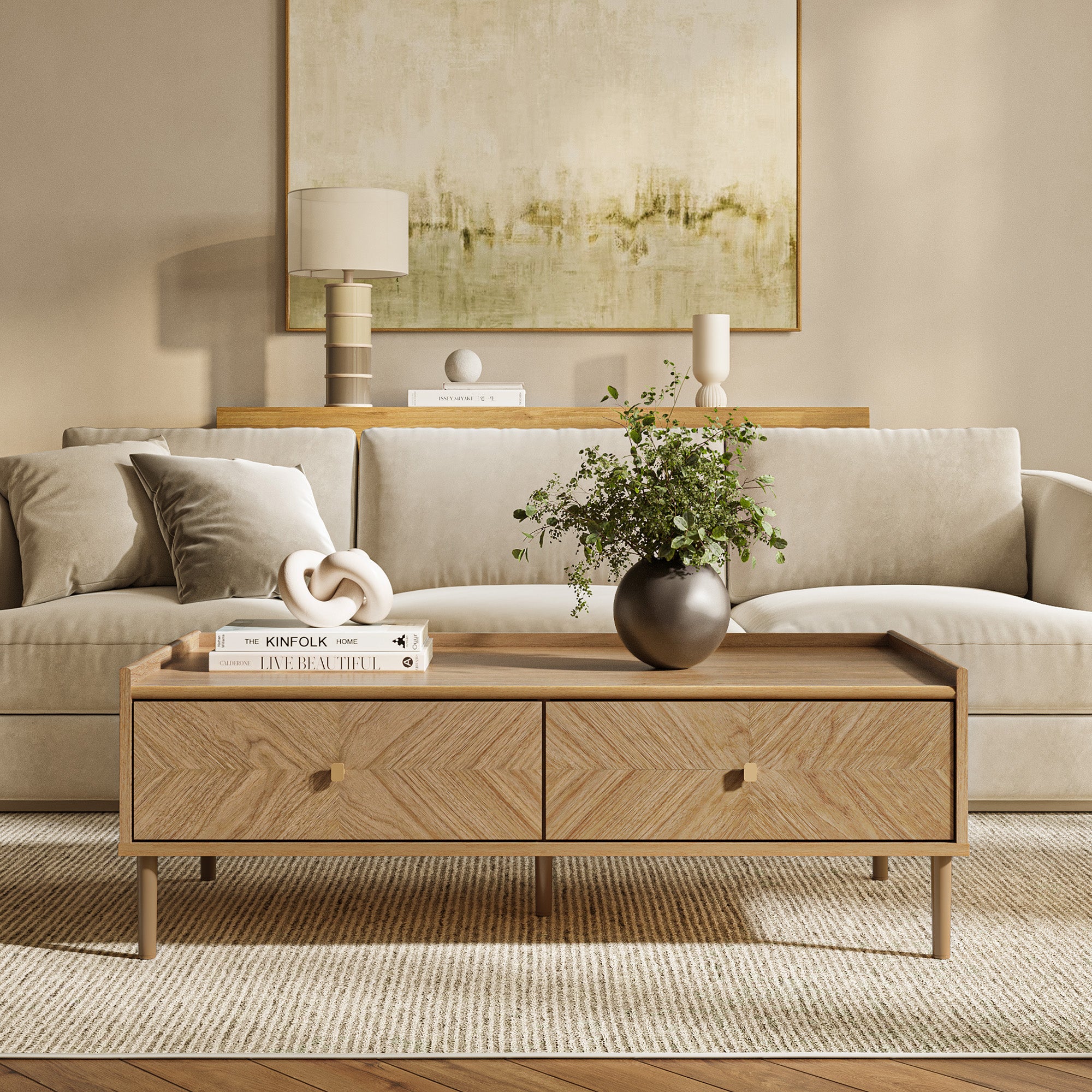 Modern living room with a beige sofa, Japandi coffee table with storage, green plant in a vase, stacked books.