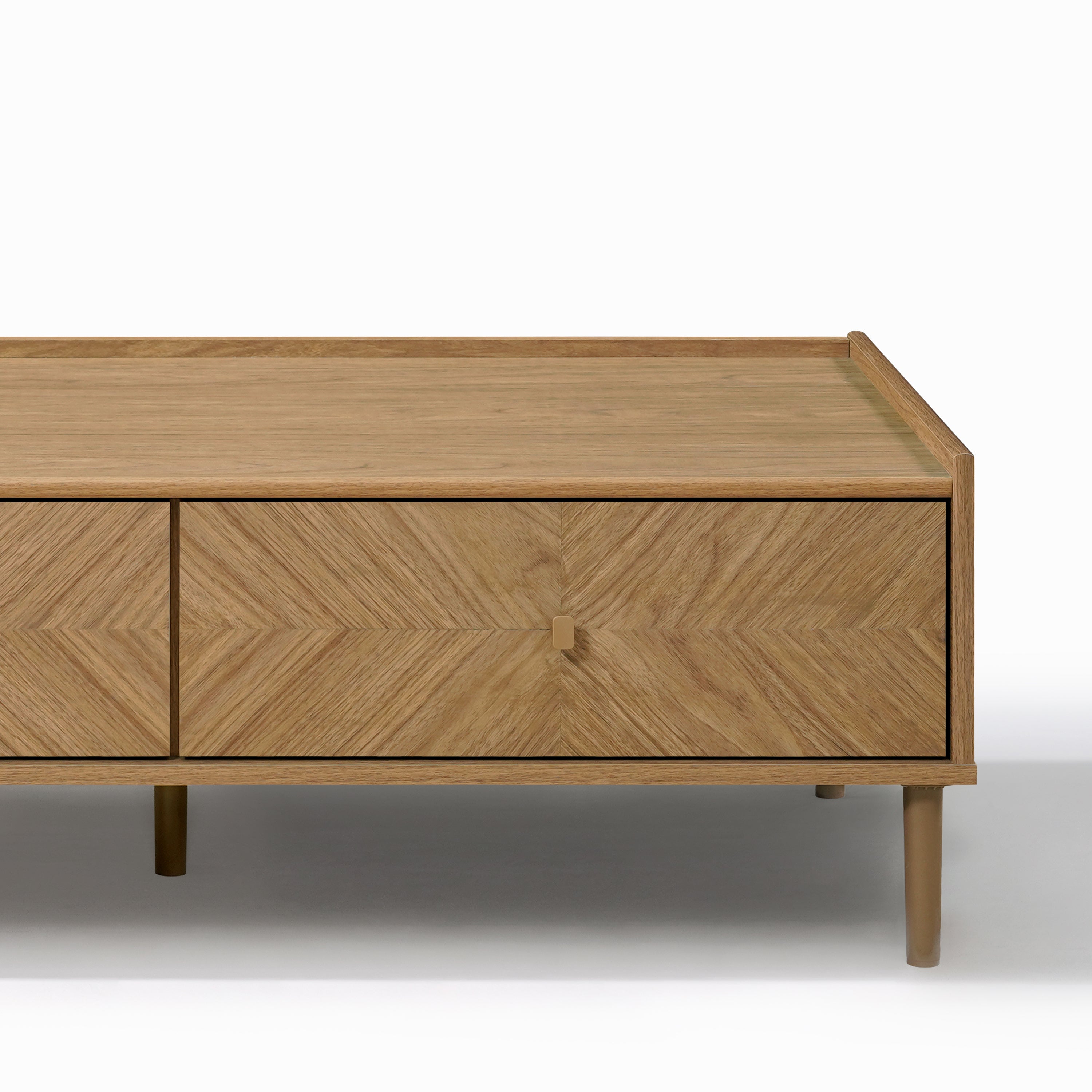 Rectangular Japandi coffee table with sleek legs and a patterned front drawer, offering stylish storage.
