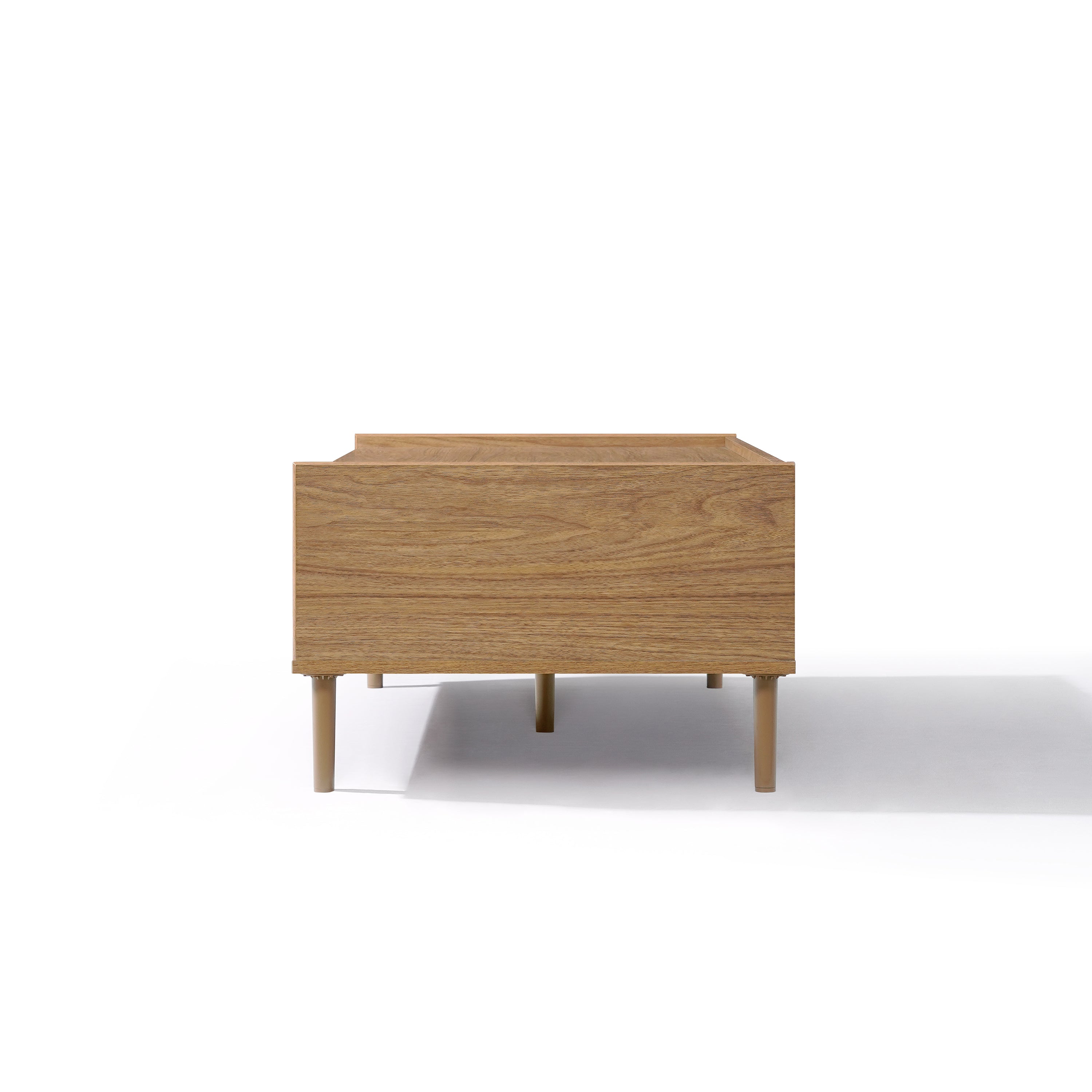 A Japandi coffee table with four short legs, crafted from wood and viewed from the front against a white background.