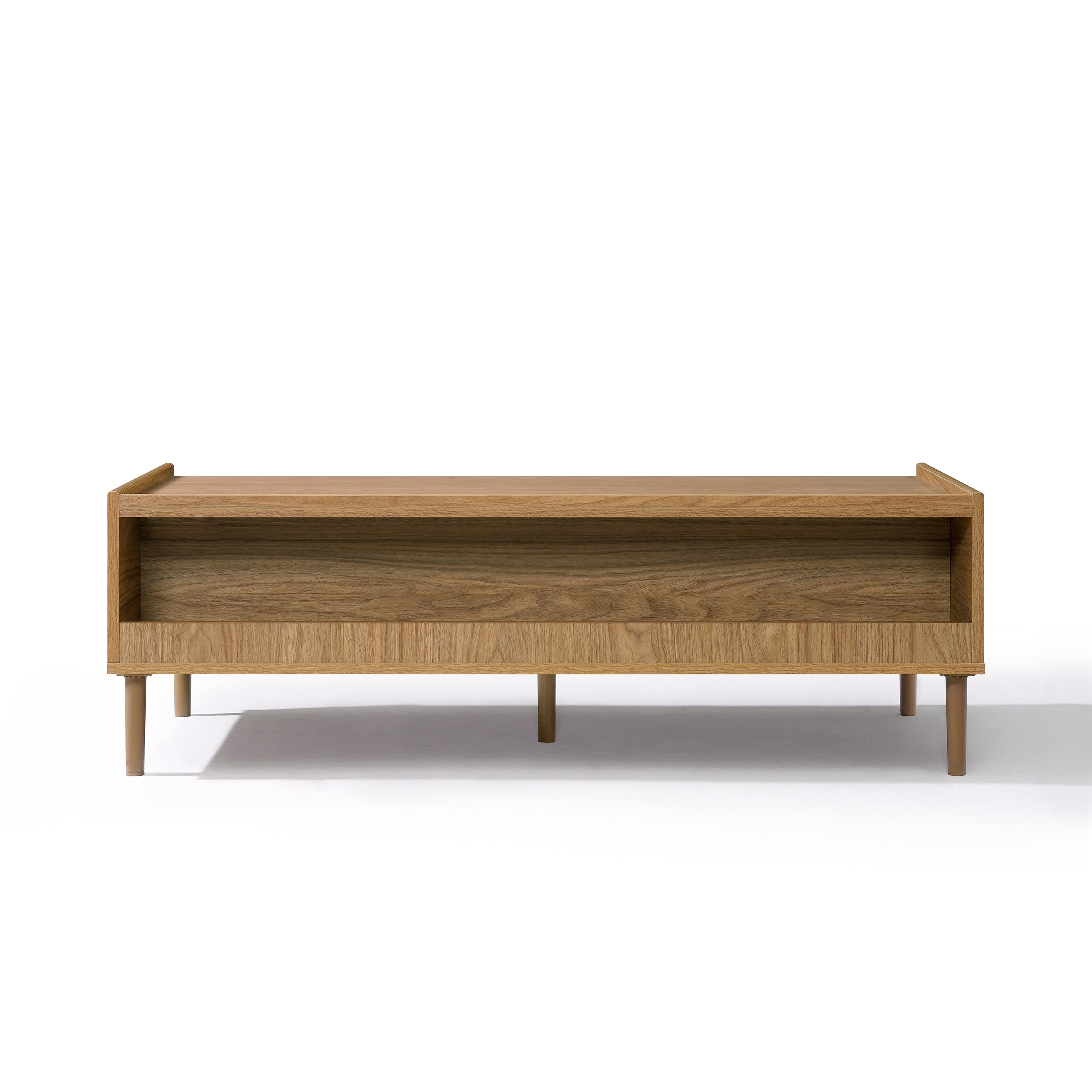 Minimalist wooden bench with four legs and an open shelf beneath the seat, reminiscent of a Japandi coffee table.