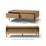 Rectangular Japandi coffee table with three drawers open, size and drawer measurements are labeled visually on the image.