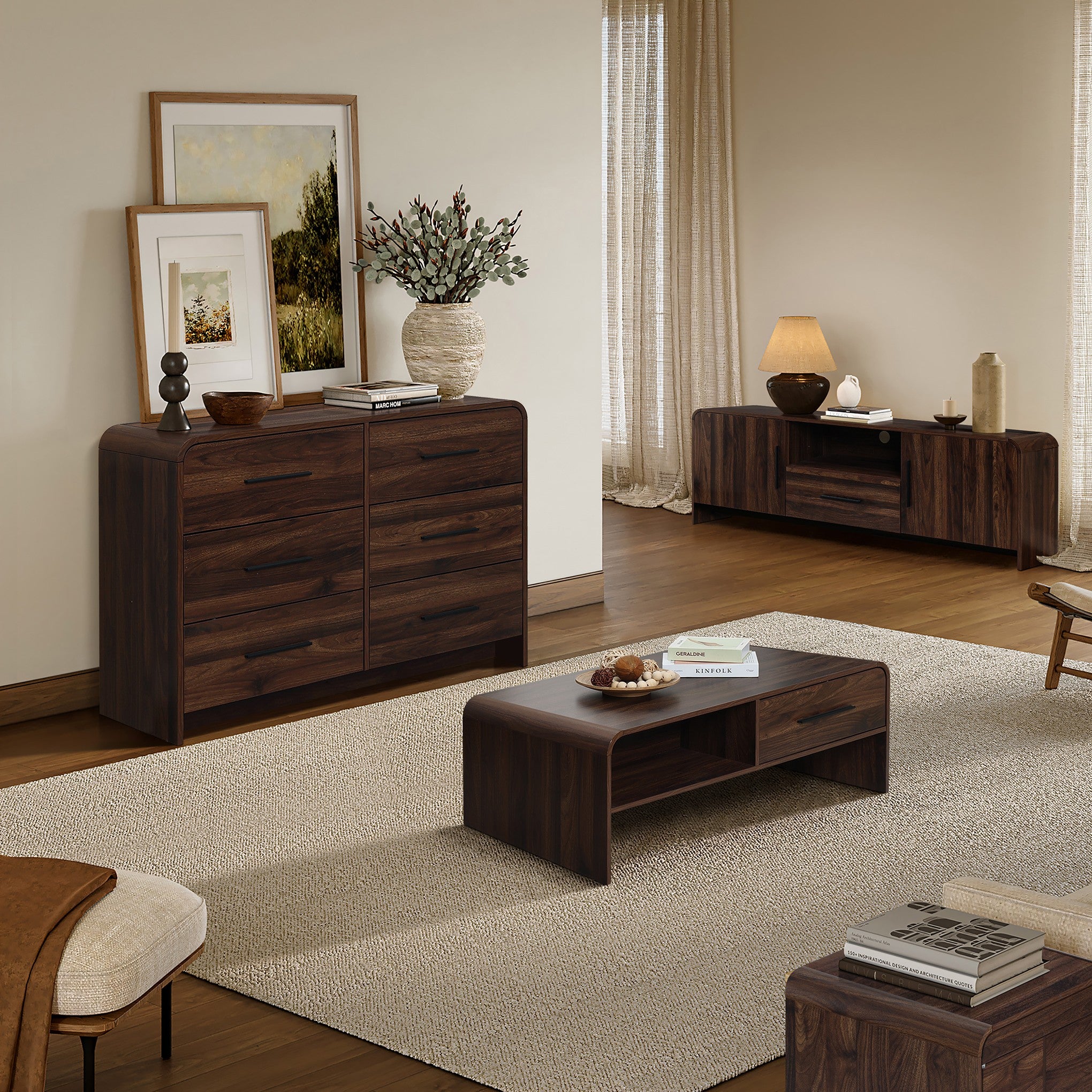 A modern living room features dark wood furniture, including dual-sided storage wooden coffee table, a sideboard, console.