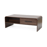 This wooden storage coffee table with 1open shelf on the left ,a single drawer with a black handle on the right.