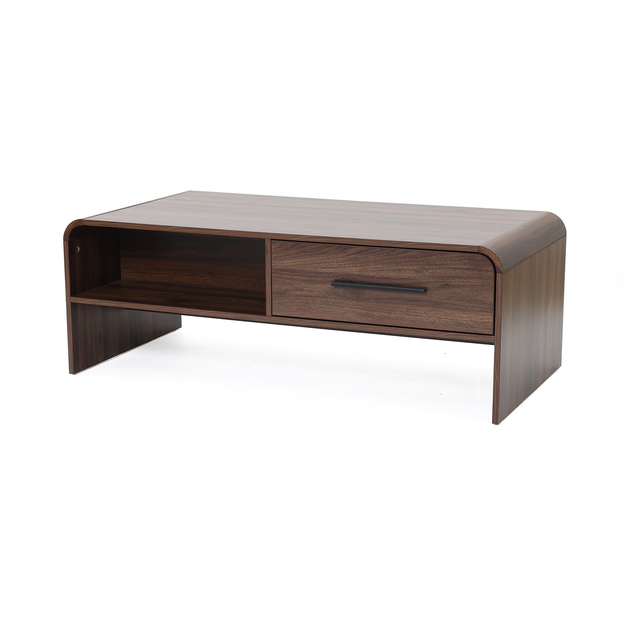 A wooden coffee table. Features dual-sided storage, including an open shelf on the left and a single drawer with a black handle on the right.