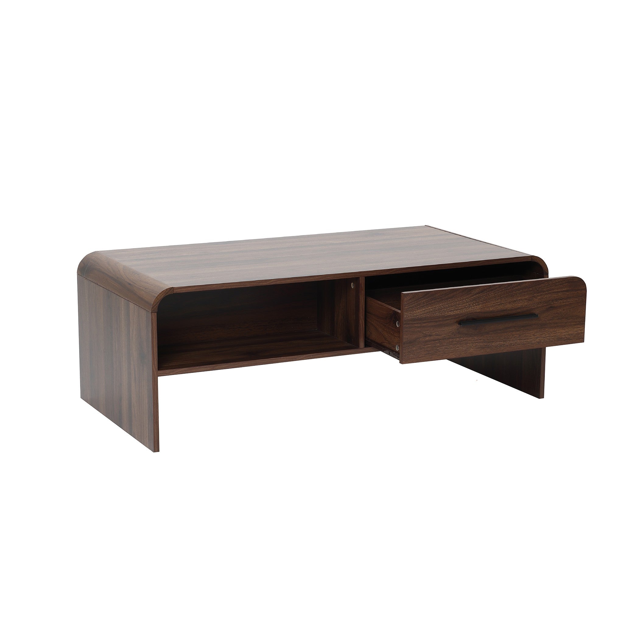 Wooden coffee table organizer with rounded edges, an open compartment on the left and a partially pulled-out drawer on the right.