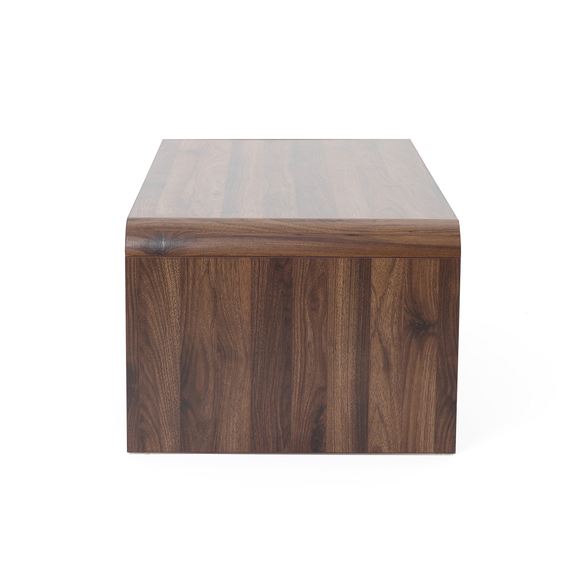 Rectangular wooden coffee table with a smooth surface and visible wood grain, featuring dual-sided storage.