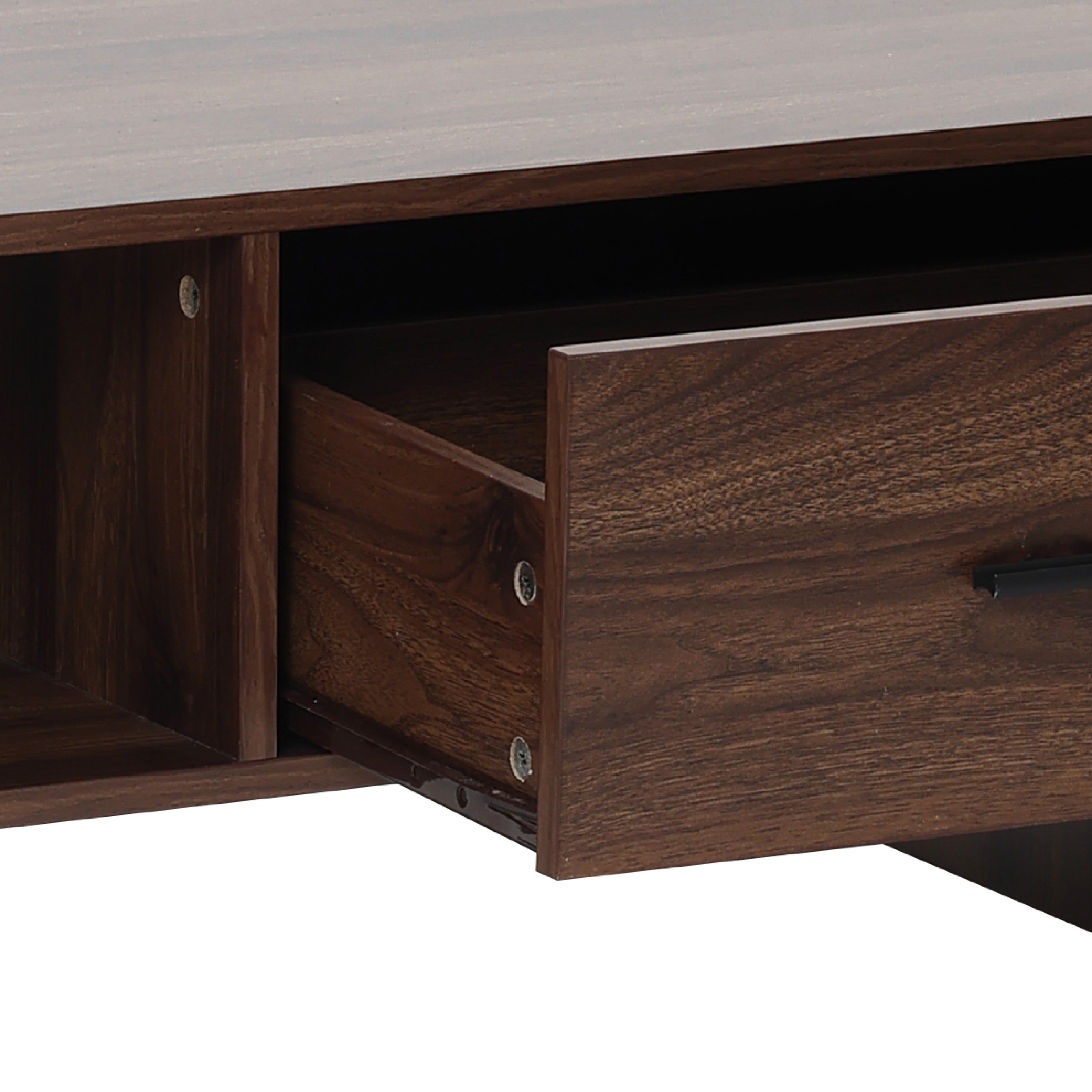 Close-up of a wooden coffee table, with metal screws and a black handle.
