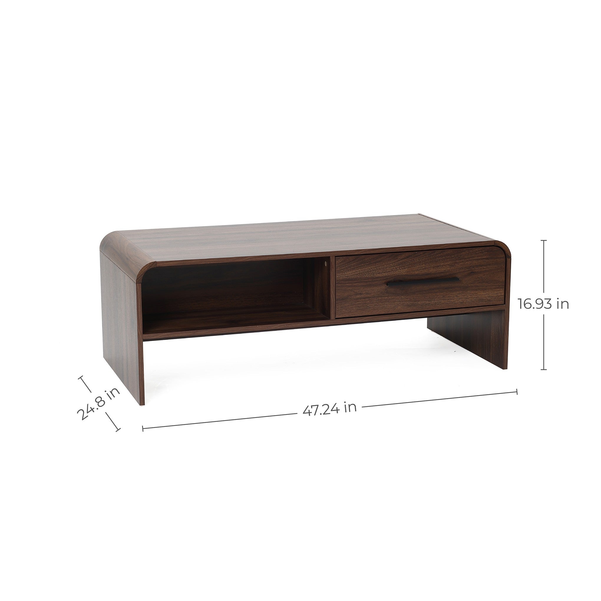 Rectangular wooden coffee table 47.24"W with dual-sided storage featuring one open shelf, one drawer, and rounded edges.