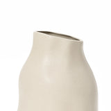 Ivory white ceramic vase with a smooth, minimalist design and an asymmetrical, angled opening, perfect as an accent piece.