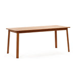 A rectangular outdoor dining table crafted from solid Malaysian hardwood, featuring four straight legs and a sleek teak oil coating, stands elegantly against a white background.