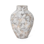 A textured, weathered ceramic vase featuring a white marble texture, with a rounded body and a narrow opening, perfect for enhancing your home decor.