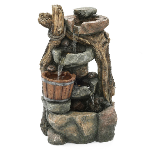 Resin Stacked Rock Wall and Barrel Outdoor Fountain with LED Lights