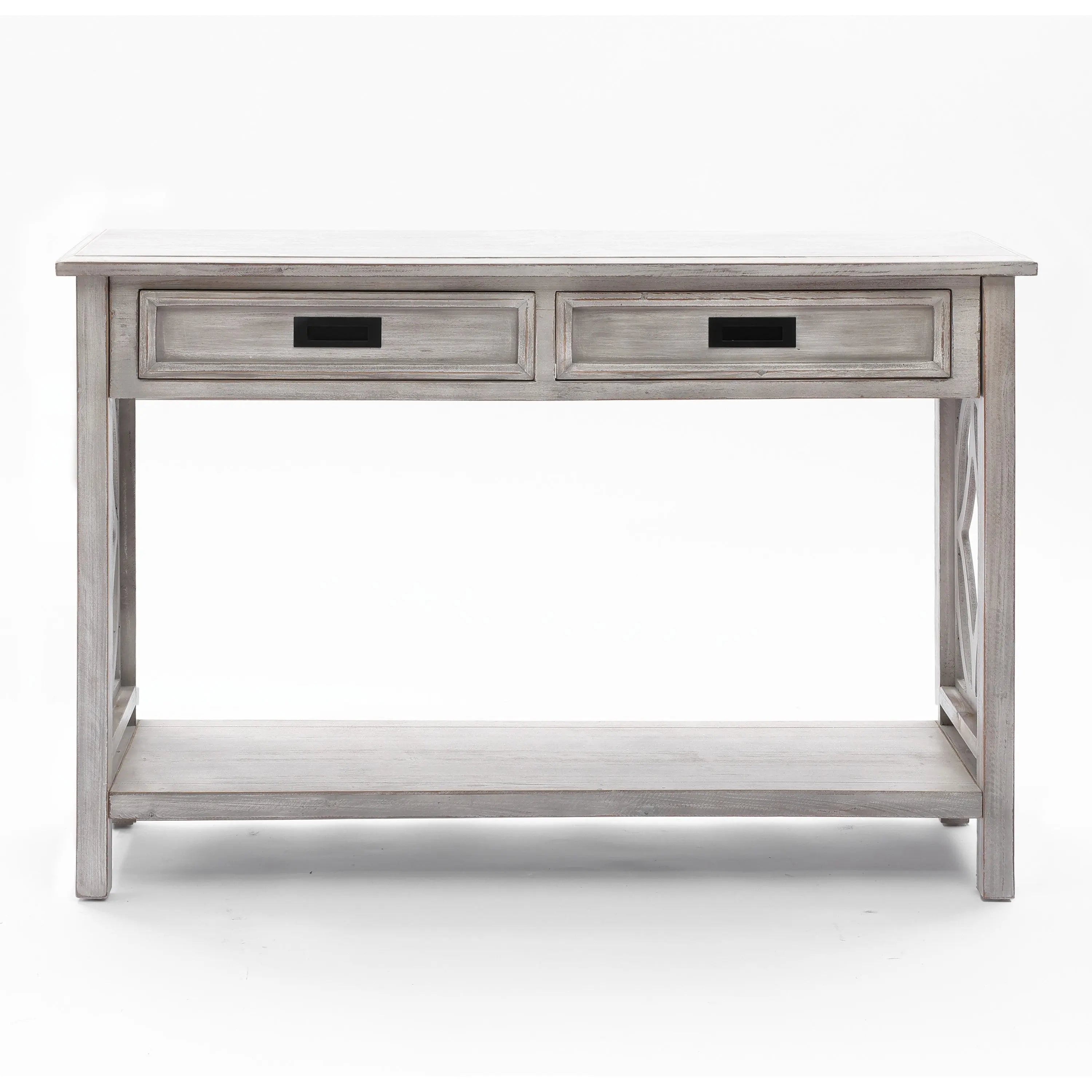 A rectangular wooden console table with a distressed gray washed finish, featuring two drawers with black handles and a lower shelf for modern farmhouse charm.