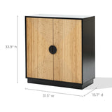 This contemporary wooden cabinet showcases a striking geometric pattern complemented by a sleek black frame. Crafted with natural bamboo strips, it stands at 33.9 high, 31.5 wide, and 15.7 deep, blending modern elegance with nature-inspired elements.