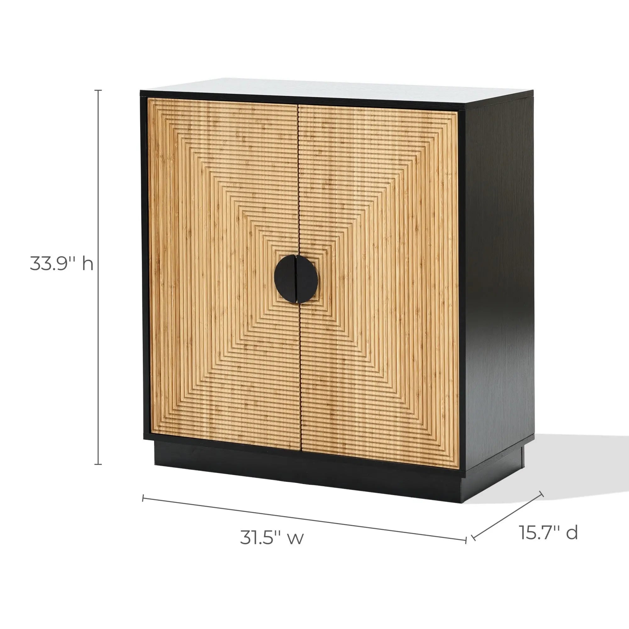 This contemporary wooden cabinet showcases a striking geometric pattern complemented by a sleek black frame. Crafted with natural bamboo strips, it stands at 33.9 high, 31.5 wide, and 15.7 deep, blending modern elegance with nature-inspired elements.
