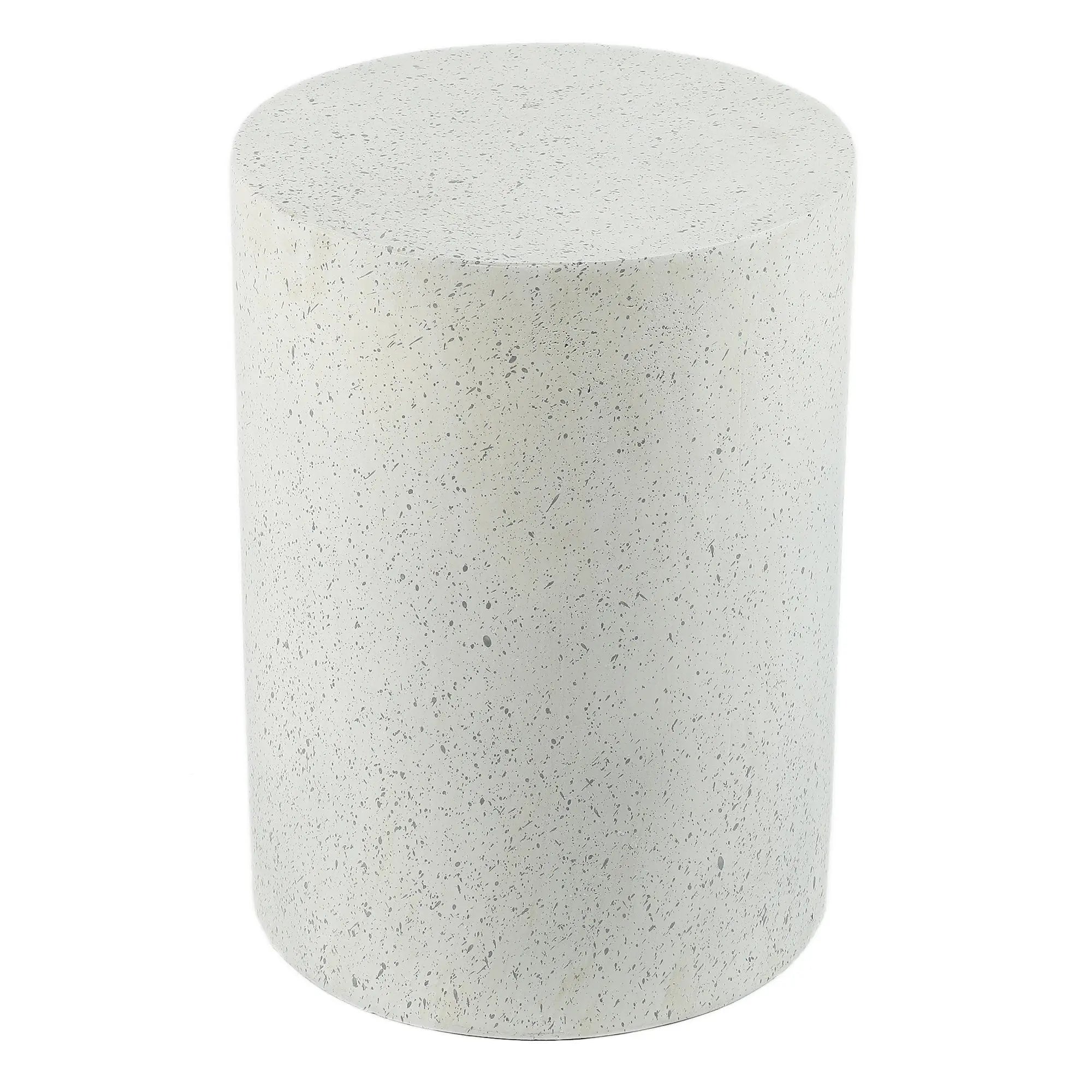 A cylindrical, speckled, light gray stone or concrete object with a flat top and sides, this piece resembles a minimalist stool or modern patio table, perfect for adding contemporary design to your outdoor furniture setup.