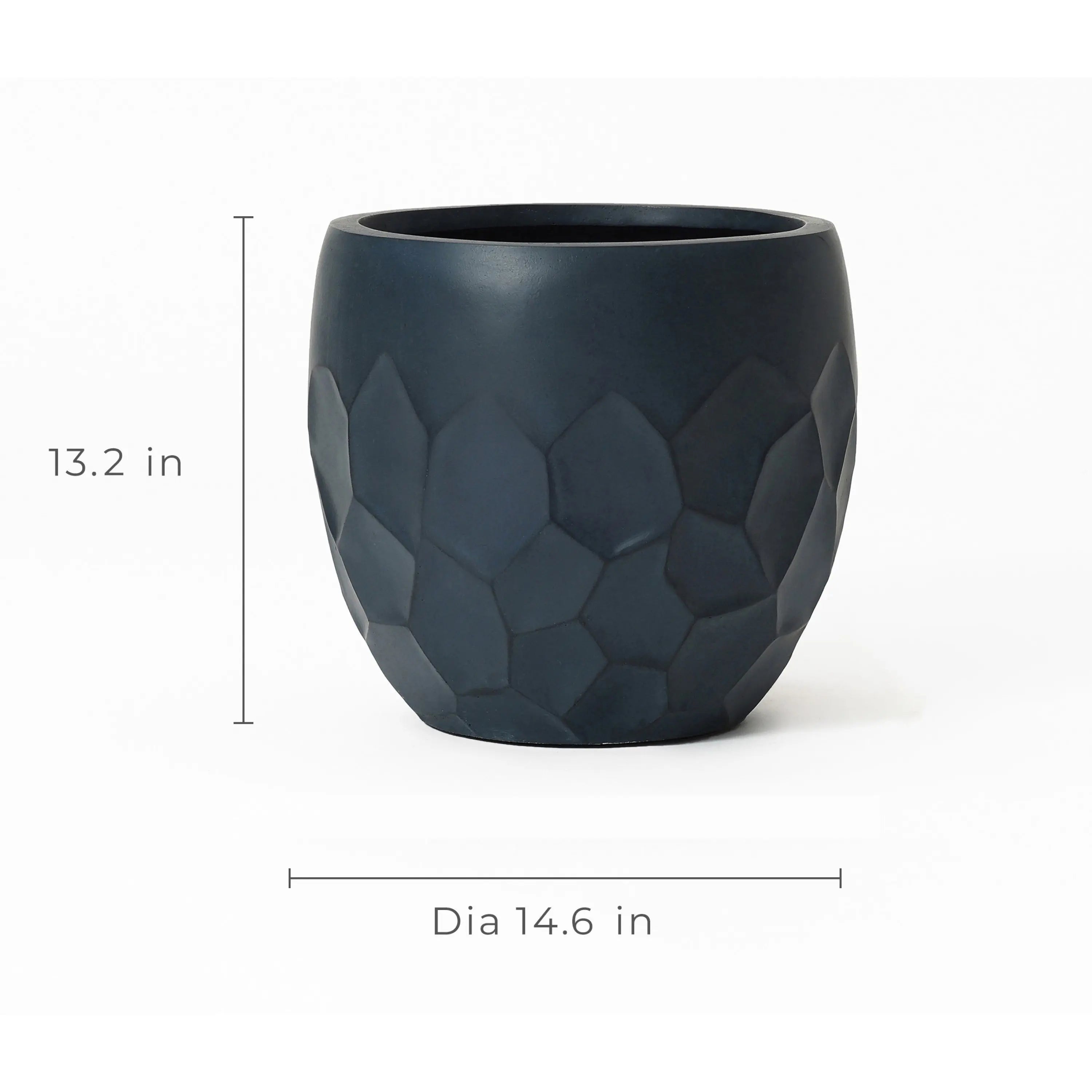 Introducing a black geometric pot planter crafted from durable magnesium oxide material. Standing at 13.2 inches tall with a 14.6-inch diameter, its perfect for both indoor and outdoor use, elegantly framed against a white background.