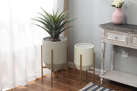 Set of 2 Gray and Off White Round Metal Cachepot Planters with Gold Stand