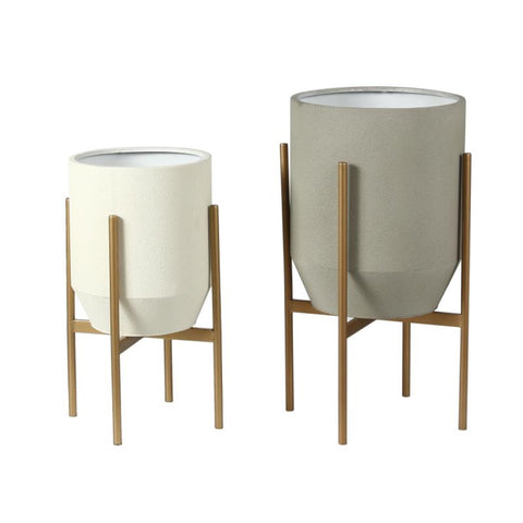 Set of 2 Gray and Off White Round Metal Cachepot Planters with Gold Stand