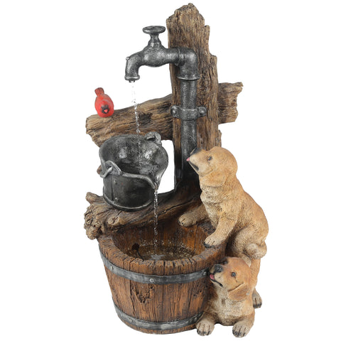 Resin Puppies and Water Pump Outdoor Patio Fountain with LED Light