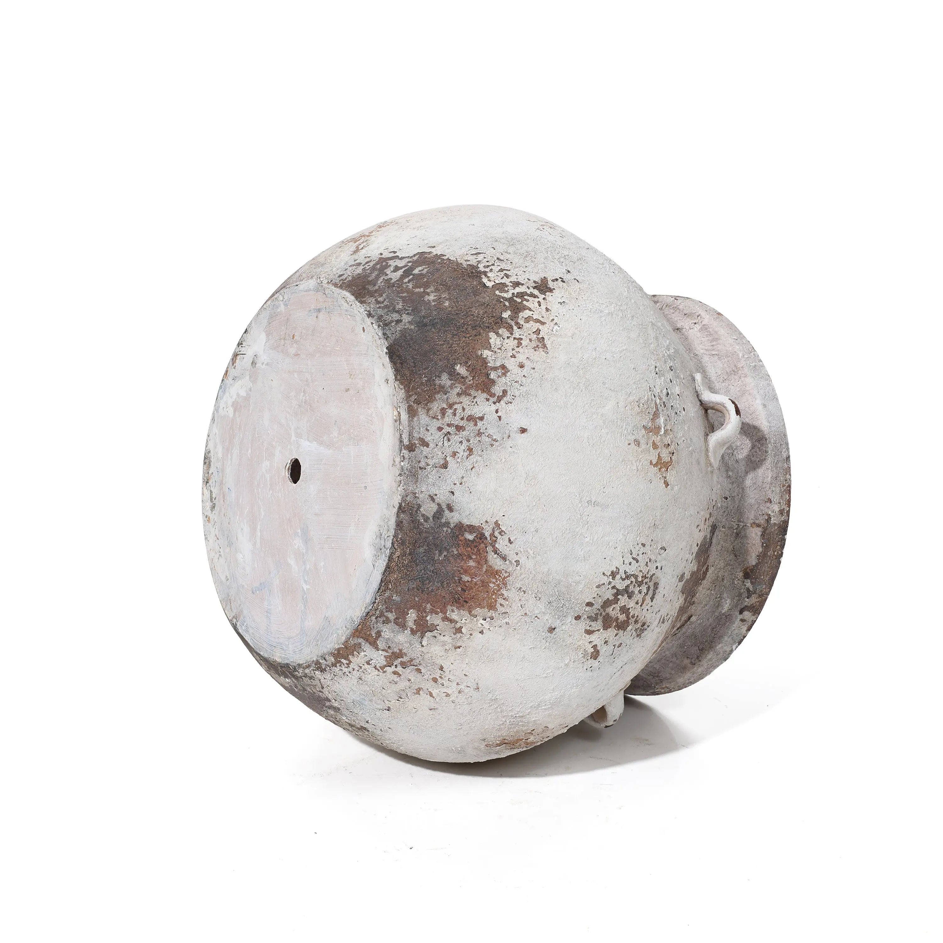The LuxenHome Antique cauldron planter, featuring a weathered ceramic design with a vintage gray and brown distressed surface and narrow opening, lies on its side against a white background.