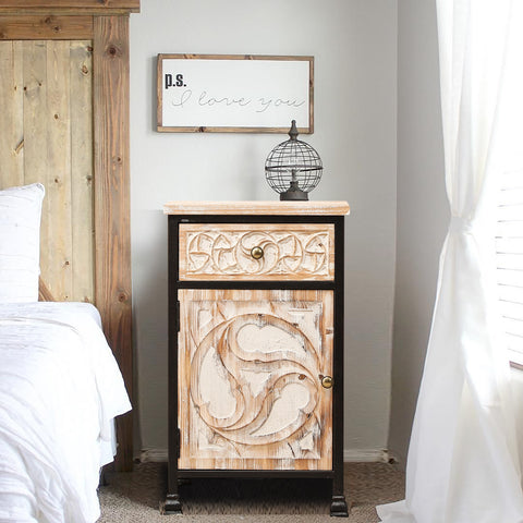 Black Metal Frame and Carved Wood 1-Door 1-Drawer End Table with Storage