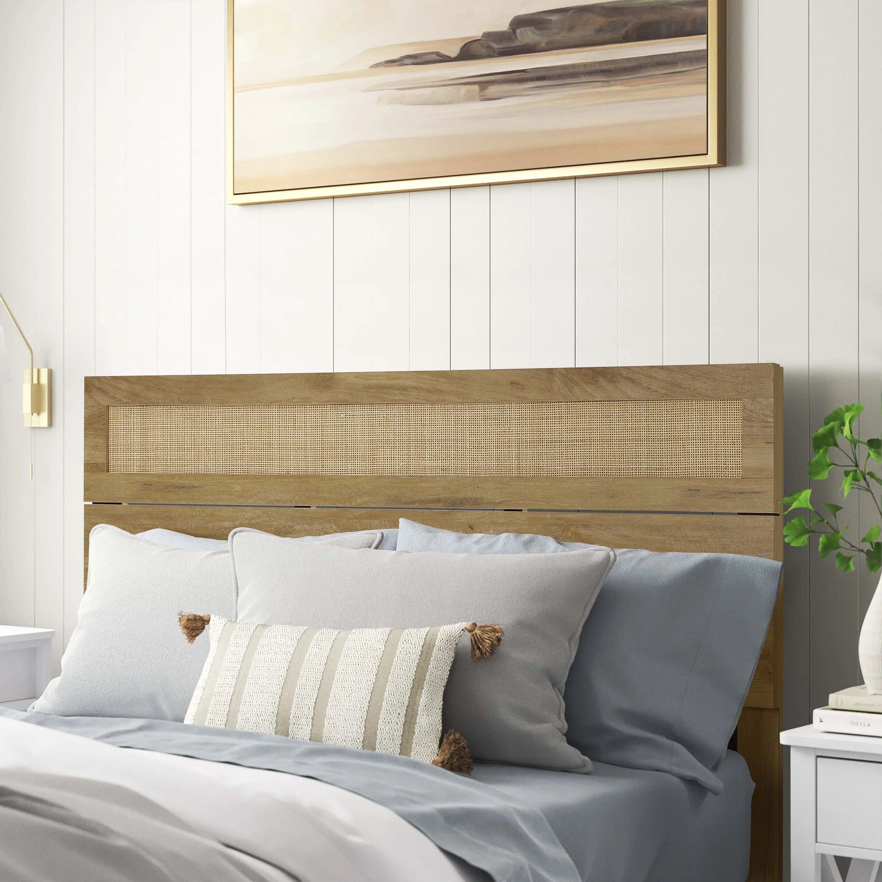 Arne free-standing wood and rattan headboard, queen - LuxenHome
