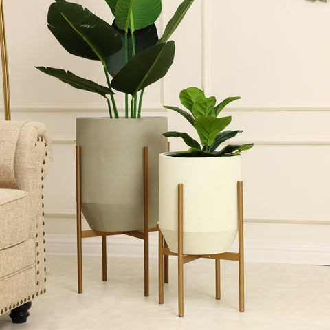 Set of 2 Gray and Off White Round Metal Cachepot Planters with Gold Stand