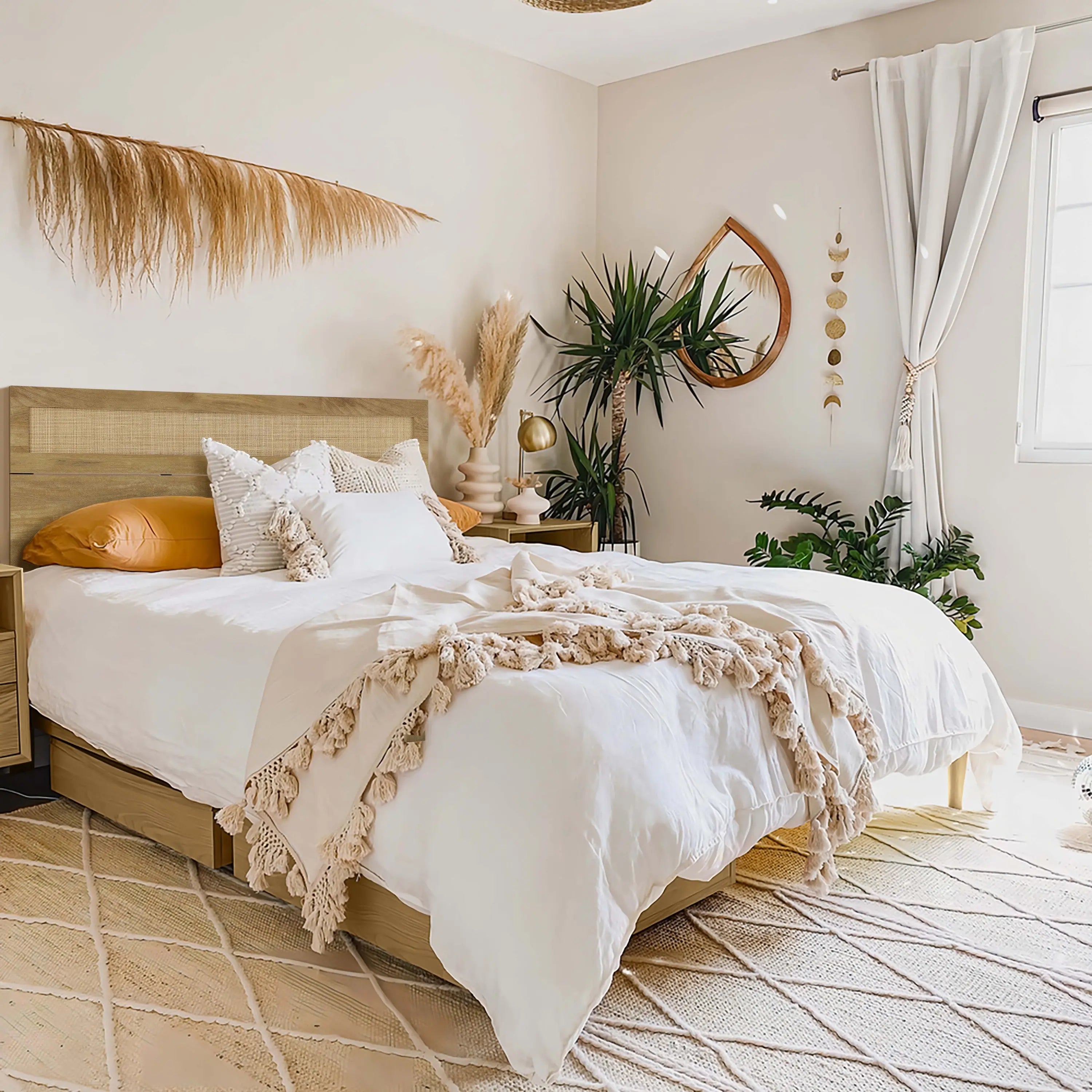 Arne free-standing wood and rattan headboard, queen - LuxenHome