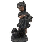 Whimsical statue of a young girl holding a basket with kittens, standing next to a dog on a textured base—adds charm to any garden and is perfect for fans of decorative garden statues.