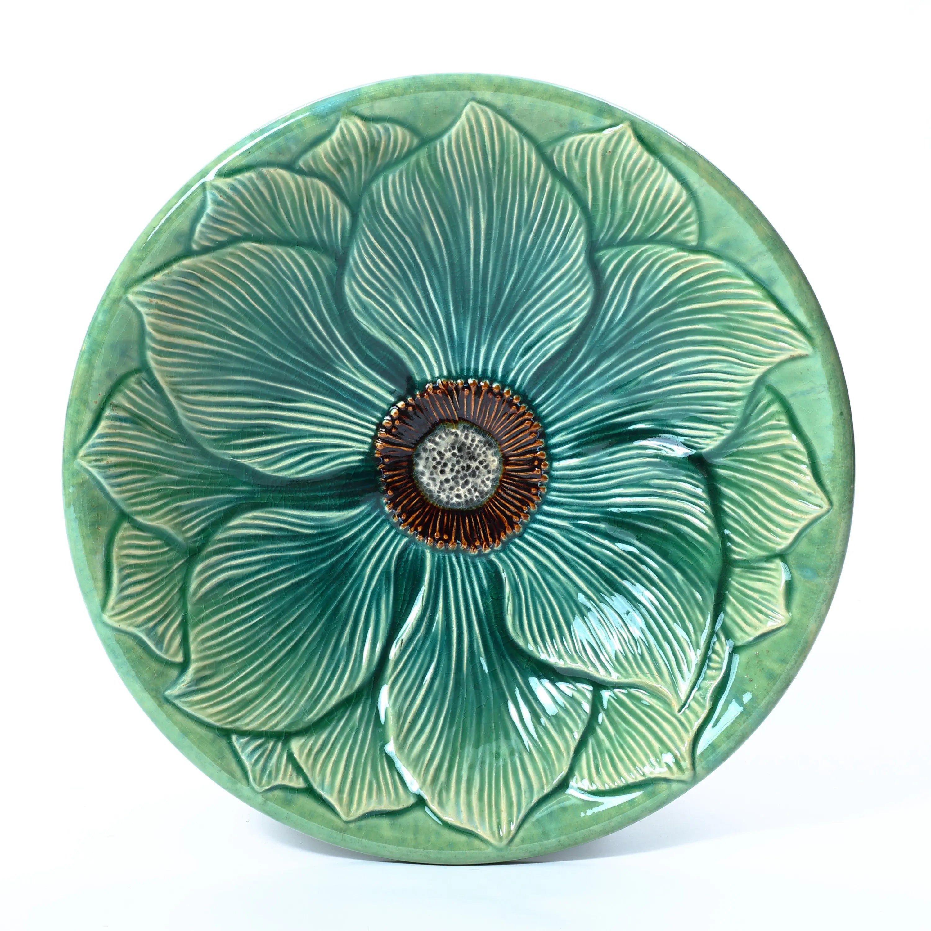 Aqua Glazed Flower Ceramic Birdbath - LuxenHome