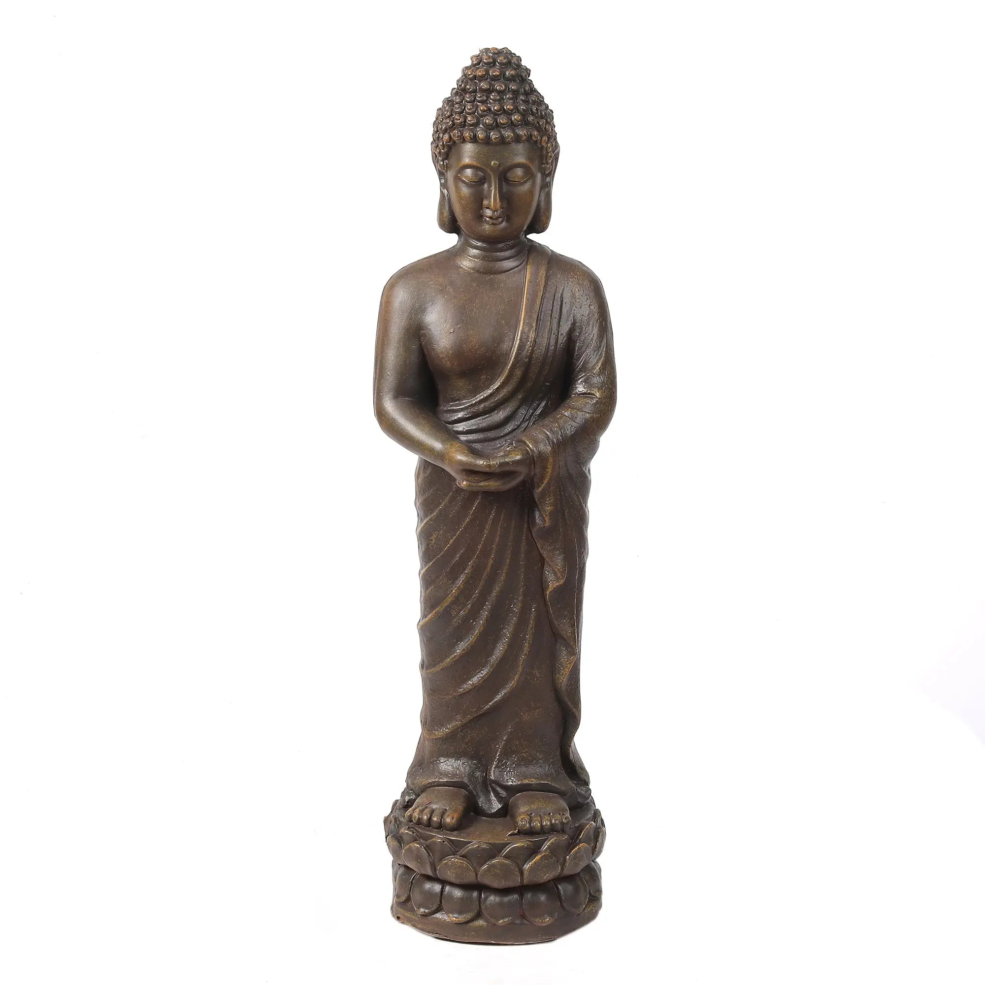 Buddha-standing-on-a-lotus-flower-hands-folded-in-prayer-in-meditation