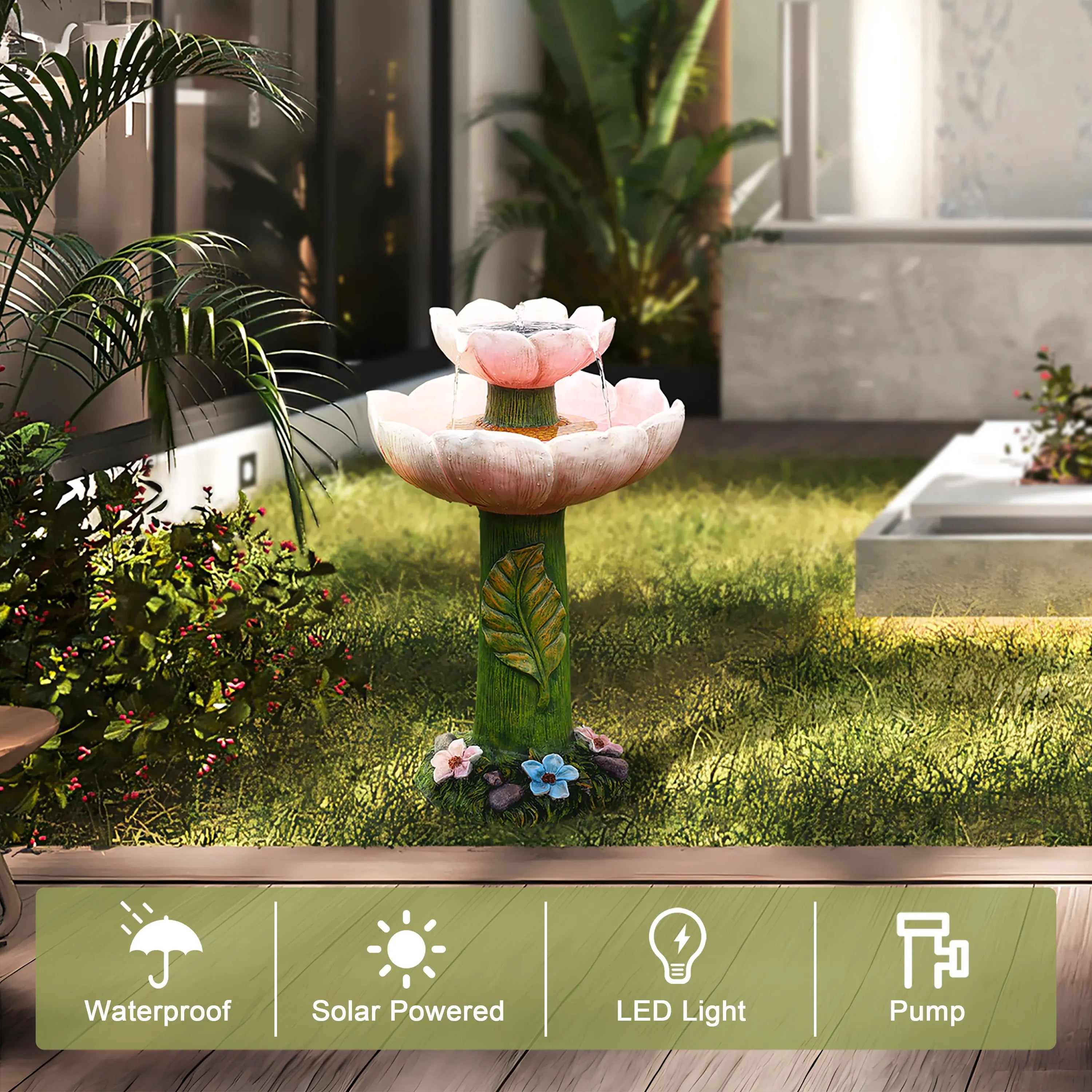 Waterproof-Solar-Powered-Pink-Flower-Birdbath-Fountain-with-pump