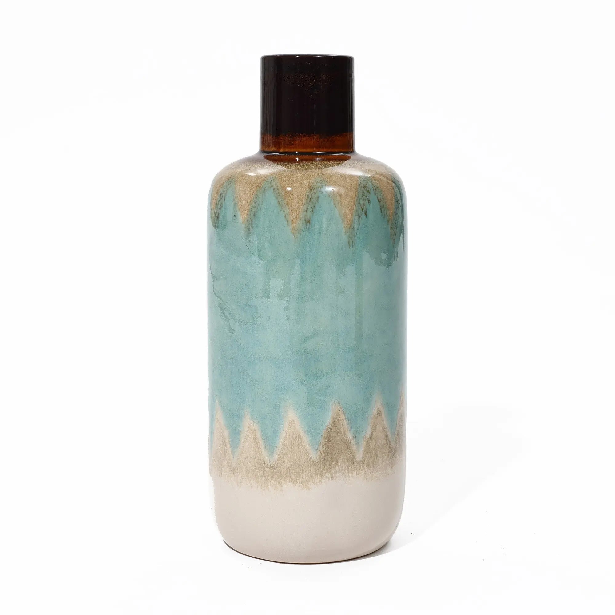 Ceramic vase with a glossy finish, featuring a zigzag pattern in blue, cream, and brown. This coastal-inspired vase adds nautical charm to any tabletop decor.