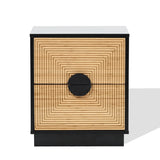 The LuxenHome Ethan bamboo stripped black nightstand features a modern wooden design with a geometric concentric square front pattern, black edges, and a central black circular handle. Its white background casts a subtle shadow, enhancing its contemporary appeal.