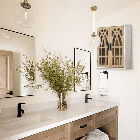 Farmhouse White and Natural MDF Wood Cathedral-Style 2-Door Wall Cabinet
