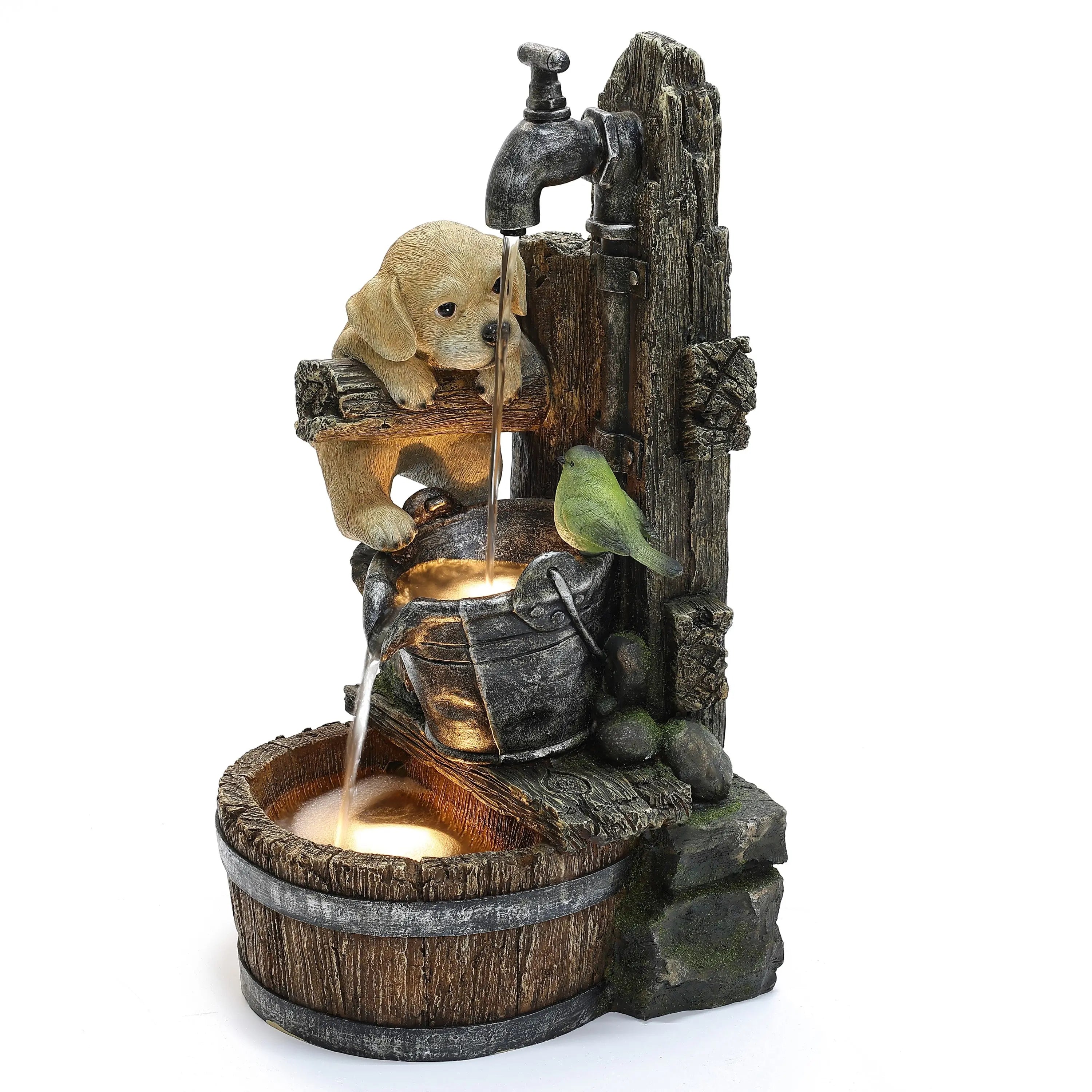 A decorative water fountain with LED lights featuring a puppy figurine leaning on a wooden plank, a bird beside a bucket, and water flowing into a barrel—perfect for brightening any outdoor space.