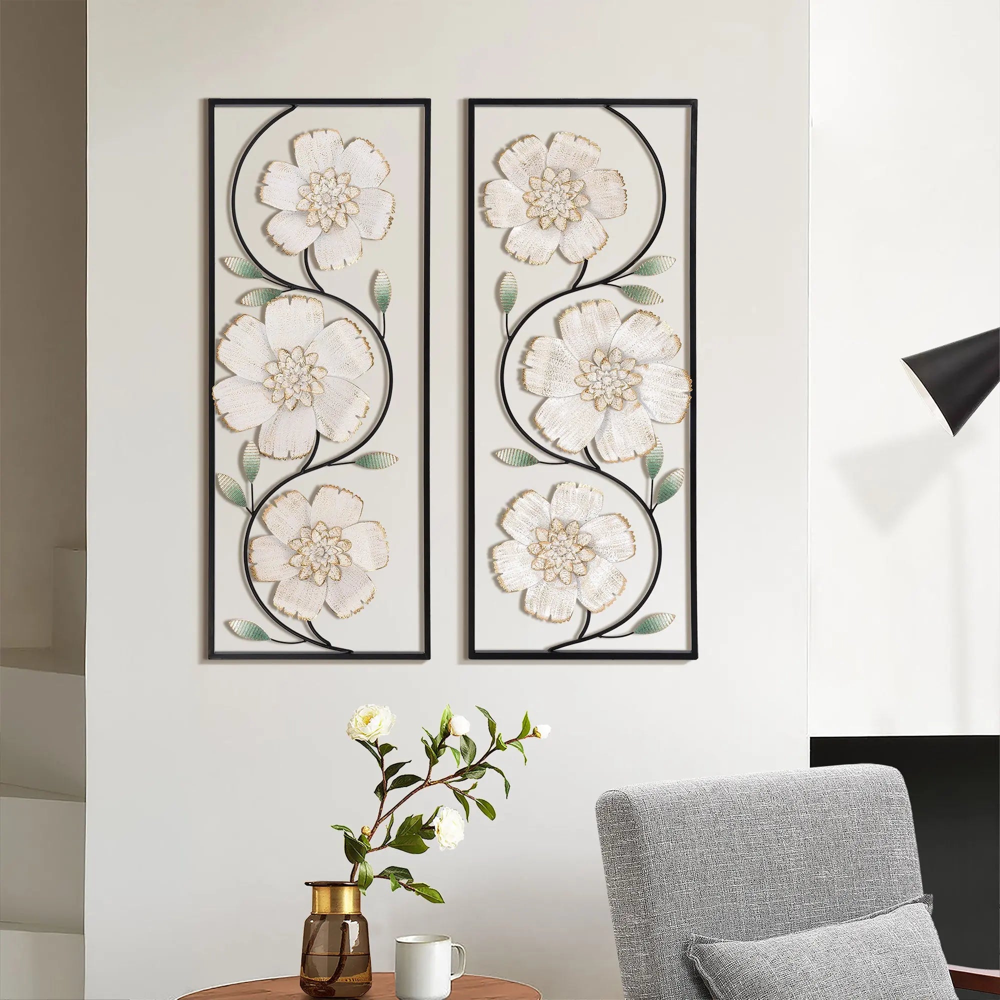 Off White and Gold Magnolia Flowers Black Metal Rectangular Wall Decor, Set of 2 - LuxenHome