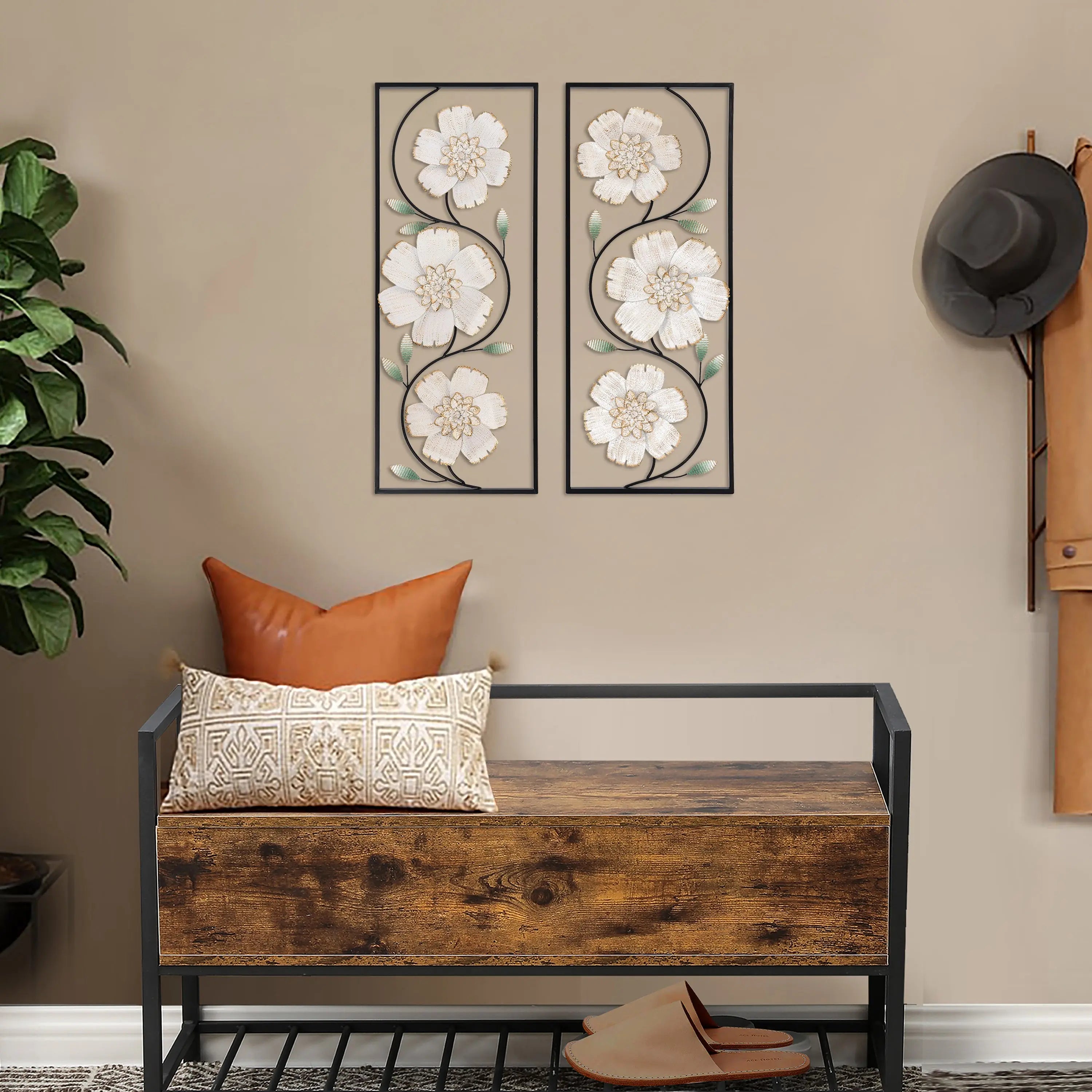 Off White and Gold Magnolia Flowers Black Metal Rectangular Wall Decor, Set of 2 - LuxenHome