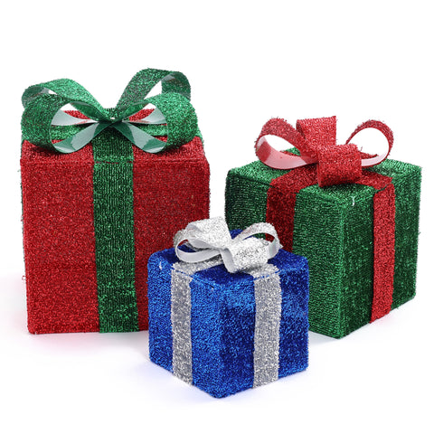 Set of 3 Multi-Color Presents with Bows Lighted LED Indoor Outdoor Holiday Decoration