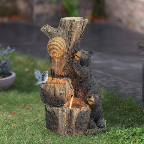Bear and Honey Beehive Tree Resin Outdoor Fountain with LED Lights