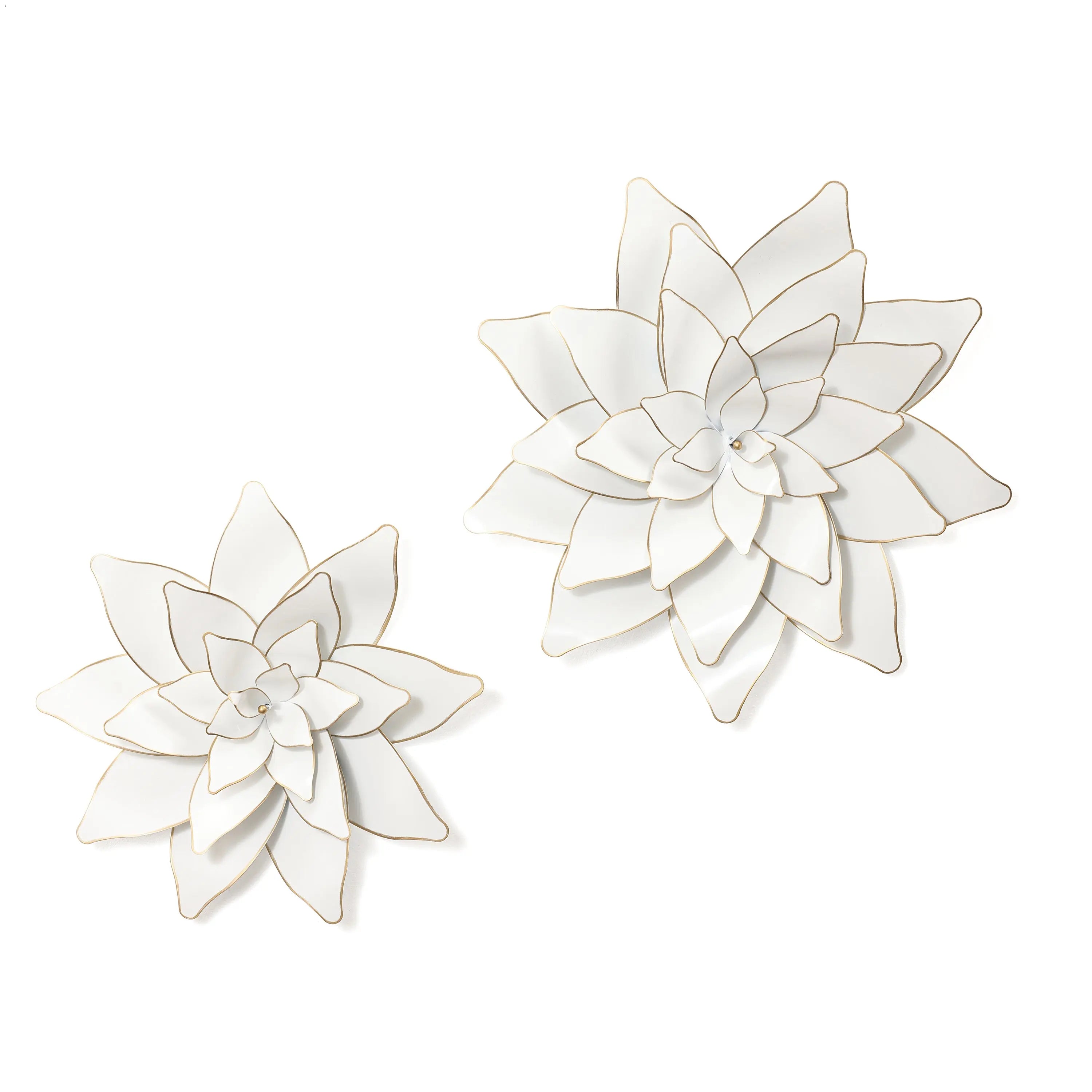 Two white metallic art sculptures, shaped like stylized lotus flowers with layered petals and gold edges, bring a touch of flower power to any room against a pristine background.
