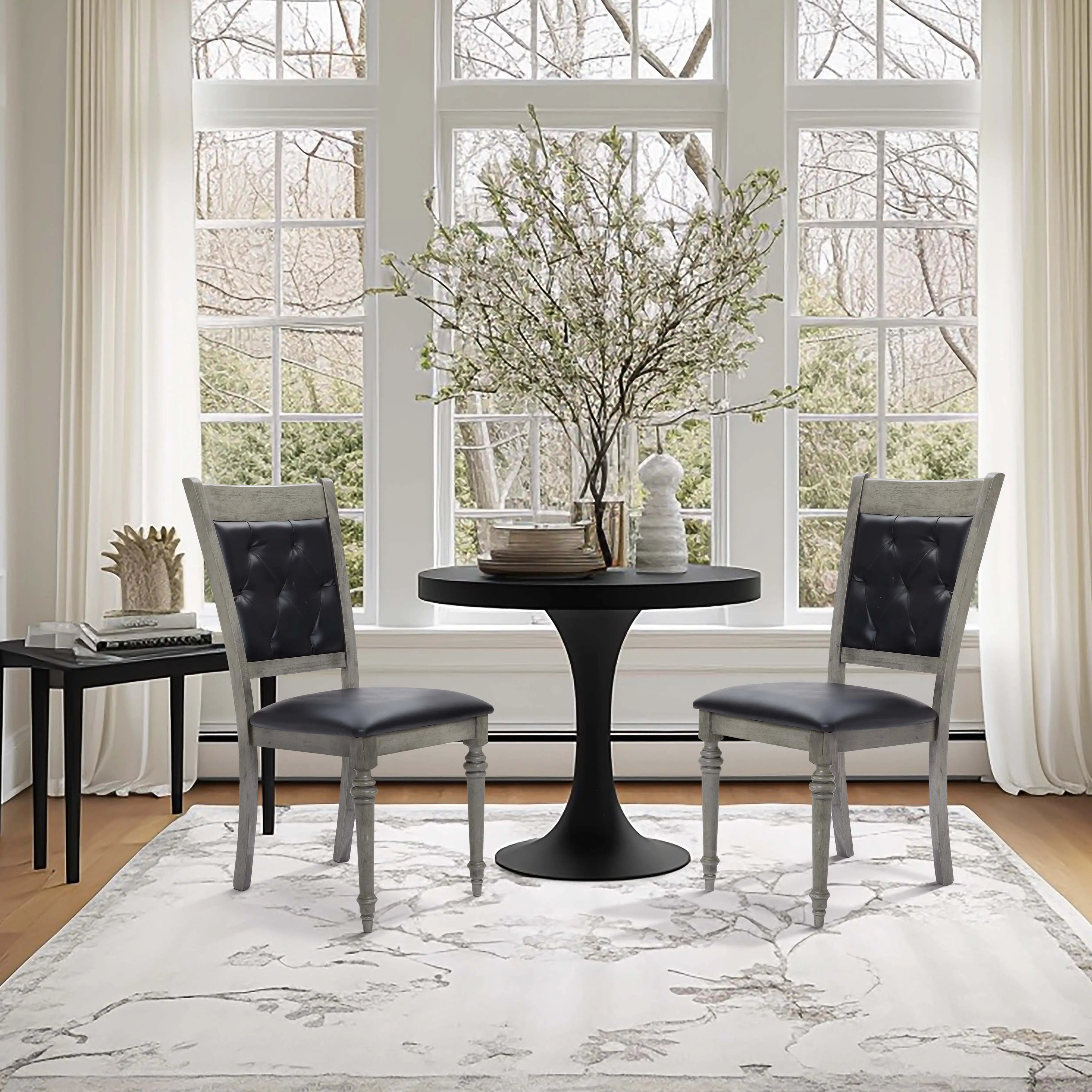 Modern Gray Rubberwood and Upholstered Black Dining Chair, Set of 2 - LuxenHome